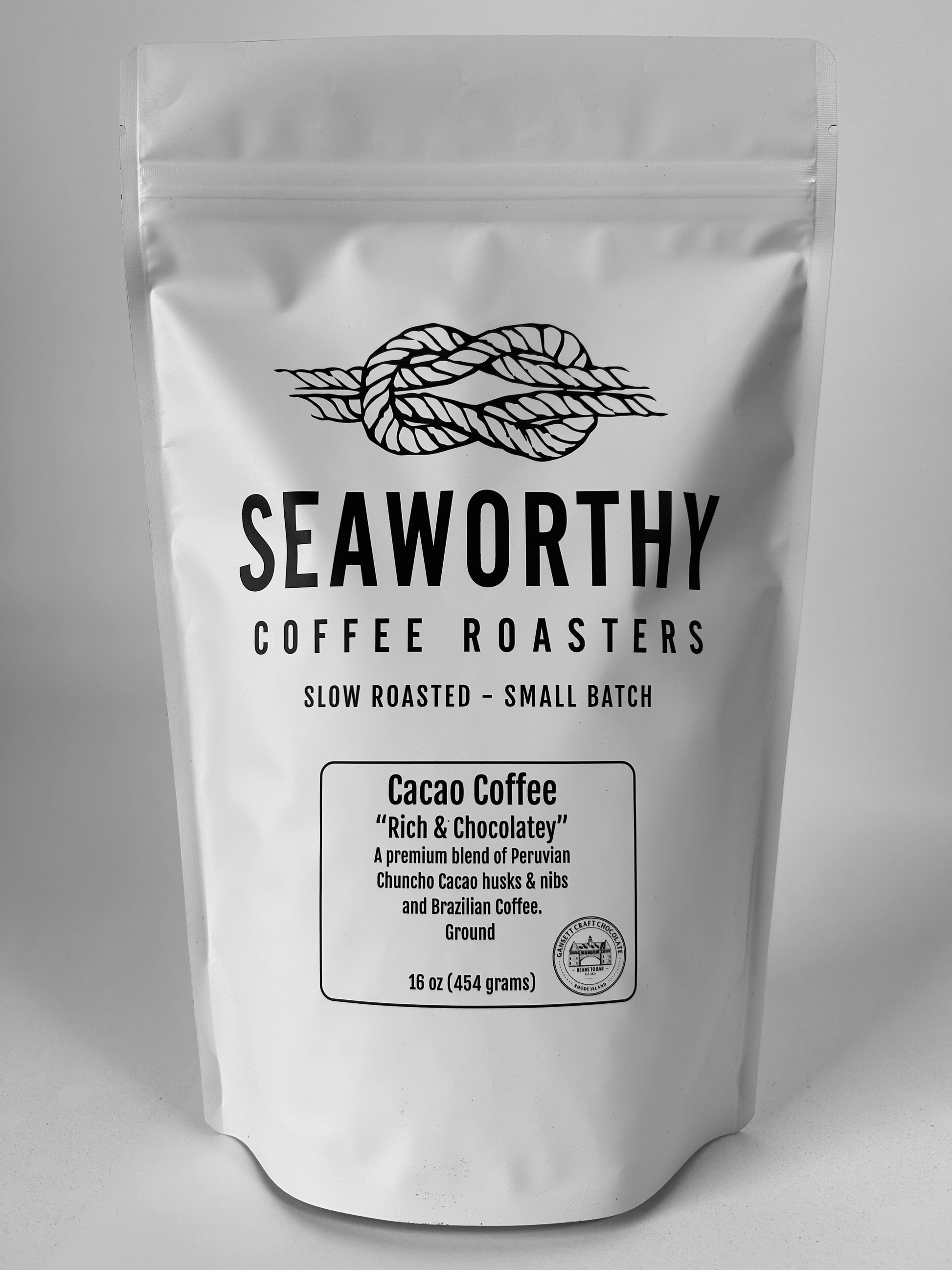 White Seaworthy Coffee bag of Cacao Coffee.  Seaworthy Cacao coffee is a premium blend of Peruvian Chuncho Cacao husks and nibs blended with ground Brazilian slow roasted coffee.