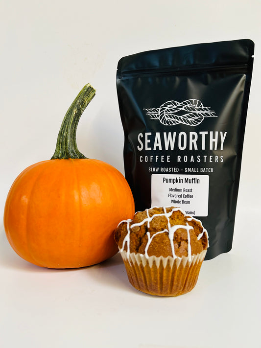 Seaworthy Coffee Roasters Pumpkin Muffin Flavored Coffee bag pictured with sugar pumpkin and iced pumpkin muffin.