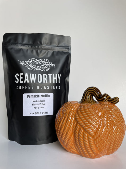 Seaworthy slow roasted, small batch, low acid coffee. 1 pound bag of Pumpkin Muffin flavored coffee.  Pumpkin decoration. 